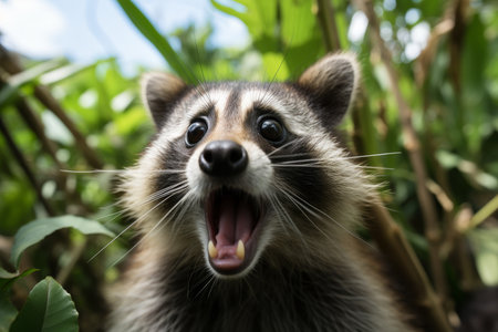 Astonished raccoon staring at the camera with a look of amazement, wildlife photographyの素材