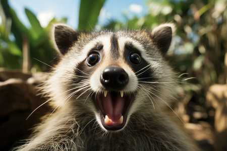 Adorable raccoon with a look of astonishment and curiosity in its natural woodland habitatの素材