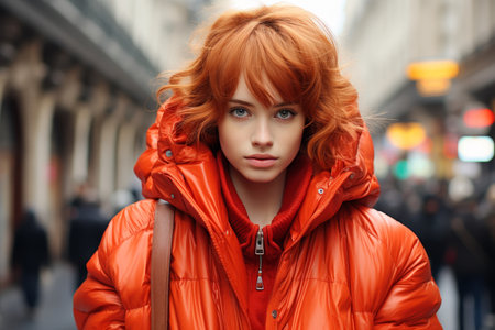 Happy red-haired girl in an orange jacket smiling beautifully while walking outdoorの素材