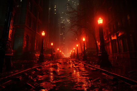 Apocalyptic cityscape engulfed in blinding flash and orange blazeの素材