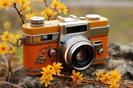 Vintage classic old orange film camera antique retro photography equipment for saleの素材