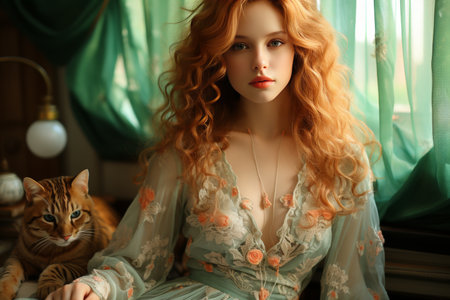 red-haired girl with a red catの素材