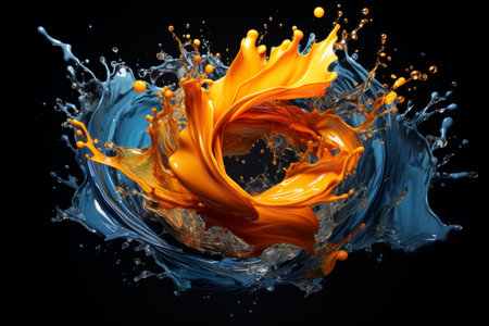 Splash of orange and blue water on black background. 3d renderingの素材