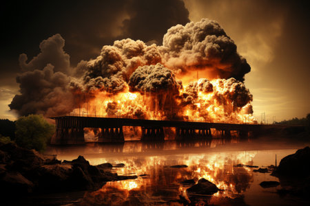 Dramatic cityscape with nuclear explosion, mushroom cloud, and shockwave at nightの素材