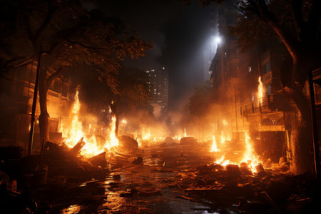 Apocalyptic cityscape engulfed in orange blaze with shockwave rippling through streetsの素材