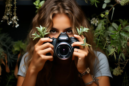 Beautiful blonde girl holding camera surrounded by lush green branches in nature settingの素材