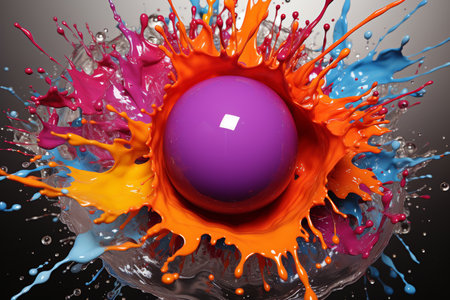3d rendering of a purple ball in a colorful paint splash.の素材