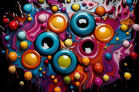 Colorful paint splashes on a black background. 3d renderingの素材