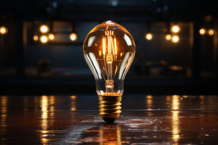Glowing lightbulb on dark background - symbolizing brilliant idea or enlightenmentの素材
