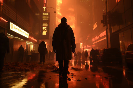 Apocalyptic night cityscape with blinding flash and orange blaze engulfing the streetsの素材