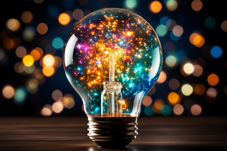 Abstract geometric composition with classic light bulb emitting colorful energy raysの素材