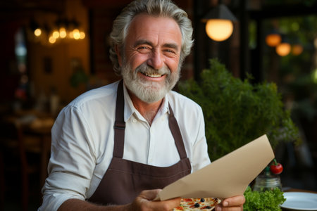 Cheerful caucasian senior male chef wearing apron standing at restaurant kitchen counter holding pizza box with fresh pizza inside looking at camera with toothy smileの素材