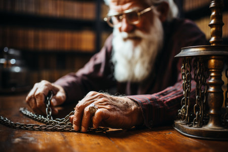 An elderly man with a long white beard and glasses sits at a desk in a library, deep in thought. He is pensive and contemplative, surrounded by books and knowledge. Isolated on a brown background.の素材