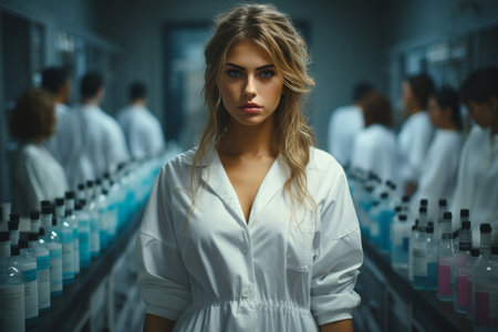 A female scientist in a lab coat conducting experiments in a modern research laboratory. She is focused and determined, surrounded by scientific equipment and glassware.の素材