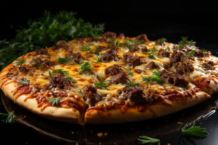 Delicious pizza with tomato sauce, melted cheese, and Italian sausage on black backgroundの素材