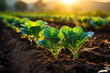 white cabbage growing in a field in a garden bed.の素材