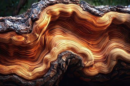 Rippled wood grain texture of a pine tree trunk with wavy lines and ringsの素材