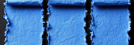 Three vertical torn strips of blue handmade paper on a dark background. Textured appearance with uneven edges gives a distressed look. Light blue hue contrasts with the dark surface.の素材