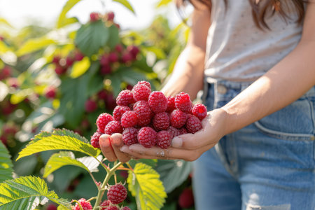 A person is holding a bunch of raspberries, a seedless fruit that belongs to the berry family and is widely used as an ingredient in natural foods like wine raspberry and mulberryの素材