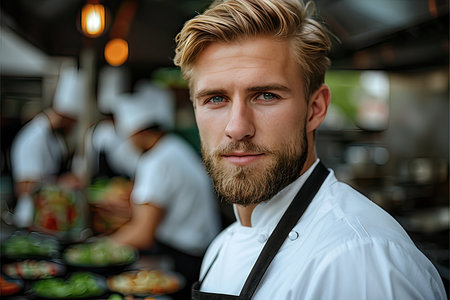 A man with facial hair, including a beard and moustache, wearing an apron and eyewear, is posing for the camera. He appears to be a chef or cook preparing tableware for an eventの素材
