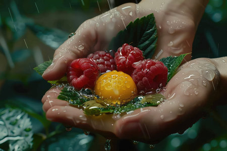 A person is holding a bunch of raspberries, a seedless fruit that belongs to the berry family and is widely used as an ingredient in natural foods like wine raspberry and mulberryの素材