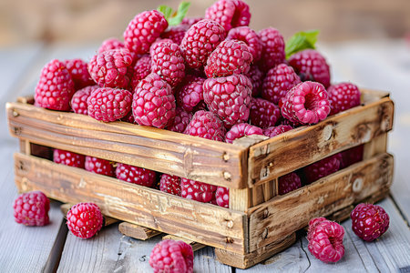 Wicker basket with tasty ripe raspberries and leaves on wooden table against blurred green backgroundの素材