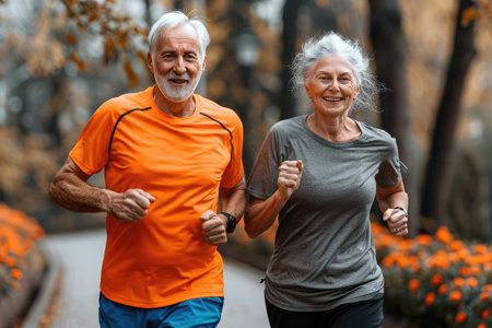 Elderly couple running in the park, both smiling. Man in orange shirt, woman in gray. Background features trees and flowers, creating a happy and peaceful atmosphere.の素材