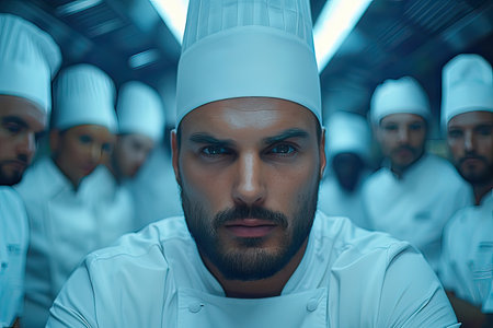 A man with facial hair is adorned with a chefs hat on his head. His prominent beard adds to his distinguished appearance, ready to serve in the kitchenの素材