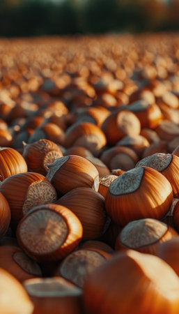 A close-up photograph of a large pile of brown hazelnuts filling the frame. The nuts are all in their shells and have a variety of shapes and sizes. The background is a blurry, light brown color.の素材