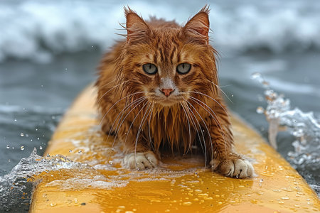 A Felidae, small to medium-sized cat with whiskers and a fawncolored fur coat, balances on a surfboard in the ocean, displaying its carnivorous nature as a terrestrial animalの素材