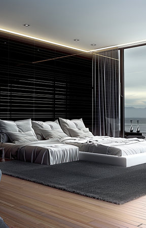 The living room is designed with a spacious feel, featuring a grand window and a stylish black couch. Elements like lighting, comfort, and flooring add to the overall interior design appealの素材