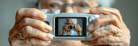 An elderly woman is using a camera to take a photograph of herself. Her hand is visible, holding the camera with her fingers and thumbの素材