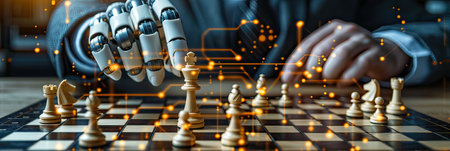 Robotic hand challenges businessman in chess game, demonstrating the power of AI and machine intelligenceの素材