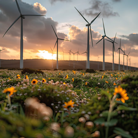 A beautiful sunflower field under a sunset sky with wind turbines symbolizing natures beauty and sustainable energyの素材