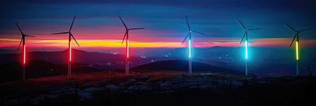 A row of wind turbines adorned with colorful lights stand against the night sky, blending with the natural landscape as they generate electricityの素材