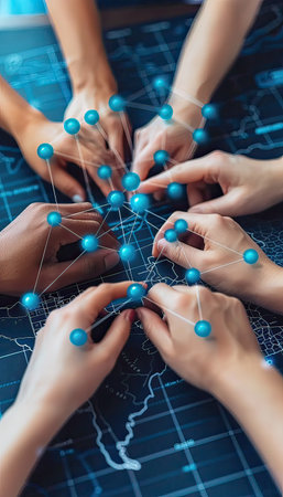 In a circle, a gathering of individuals are joining their hands together with care and connection, forming a strong bond within the groupの素材