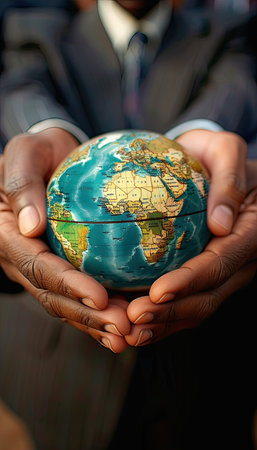 A man dressed in formal attire is holding a miniature model of the Earth in his hands, showing a sense of elegance and sophisticationの素材