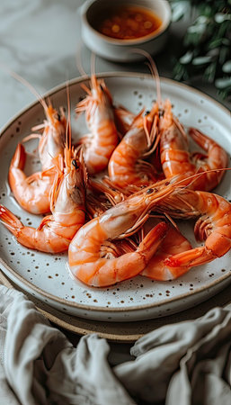 Close-up of freshly grilled shrimp, garnished with herbs, served in a savory sauce for a delectable seafood experience.の素材