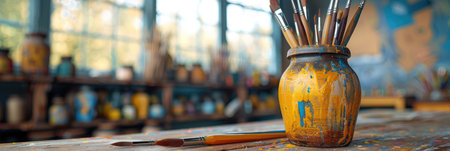 colorful paints and brushes close-up.の素材