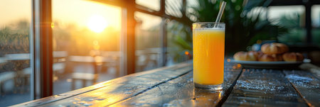On a wooden table, there is a glass of orange juice with a straw. Its a classic cocktail made from orange juice, a popular ingredient in cocktailsの素材