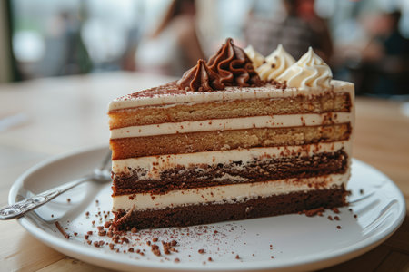 A piece of delicious sweet chocolate cake decorated with cream served on a plate.の素材