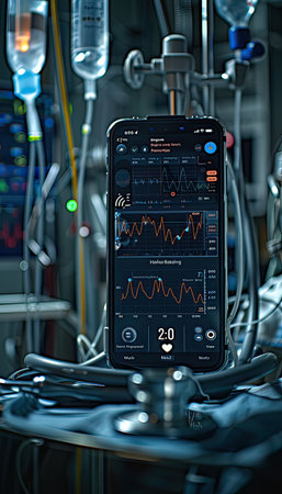 A cell phone is resting on a medical device, showcasing a blend of electronic engineering and healthcare technologyの素材