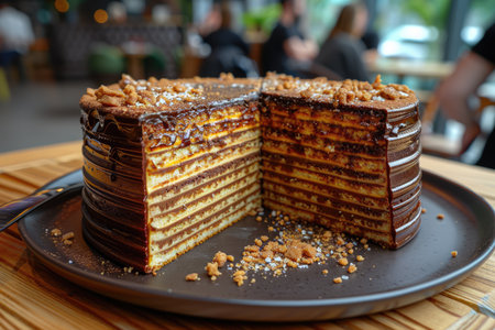 A piece of delicious sweet chocolate cake decorated with cream served on a plate.の素材