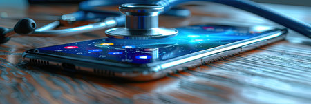 A stethoscope and a cell phone are placed on a wooden table. The combination of medical tool and modern technology creates an interesting juxtapositionの素材