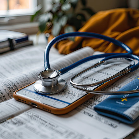 There is a stethoscope placed on a table next to a cell phone. The combination of medical device and communication gadget creates an interesting juxtapositionの素材
