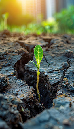 A tiny plant is sprouting from a gap in the earth, embracing natures resilience and beauty amidst the soil and landscapeの素材