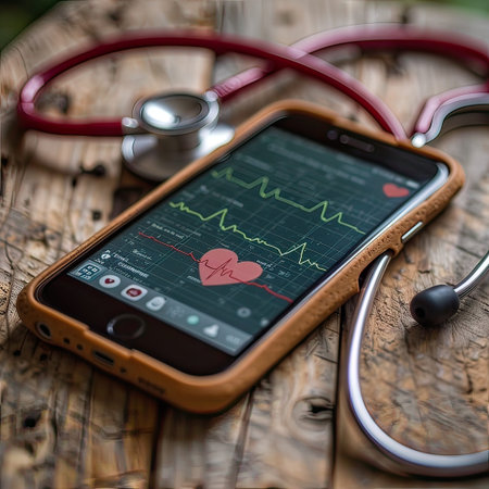 A wooden table hosts a cell phone accompanied by a stethoscope. It symbolizes the fusion of technology and healthcare, representing communication and connectivity in modern timesの素材