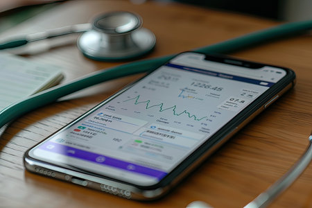 On the table, there is a mobile phone displaying a graph next to a stethoscope. The items include a product, communication device, telephony, gadget, material property, font, stylusの素材