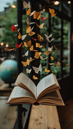 A book is open, and butterflies are flying out of it. The scene includes a wooden window frame with a twig, adding an artistic touch to the terrestrial plant decorationの素材