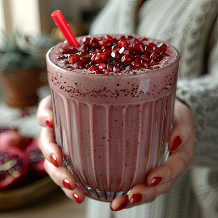 A woman is holding a pink smoothie topped with pomegranate seeds. It showcases elements like food, tableware, ingredients, and cuisine diversityの素材